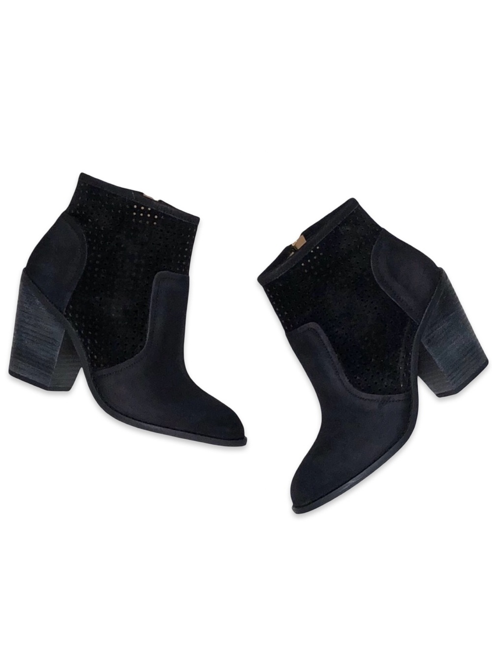 Anthropologie “Ryan” perforated black leather heeled booties Size 7 Boho Classic